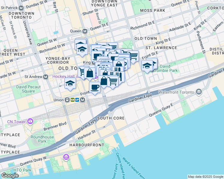 map of restaurants, bars, coffee shops, grocery stores, and more near 25 The Esplanade in Toronto