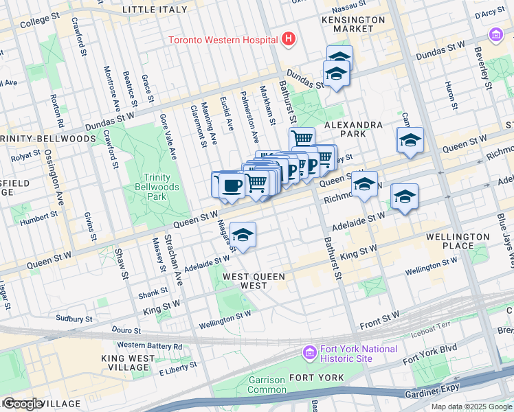 map of restaurants, bars, coffee shops, grocery stores, and more near 757 Queen Street West in Toronto