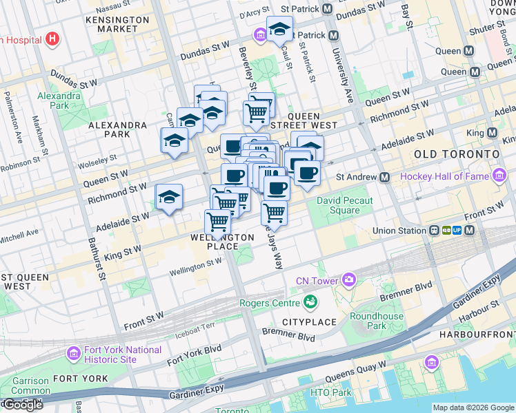 map of restaurants, bars, coffee shops, grocery stores, and more near 70 Peter Street in Toronto
