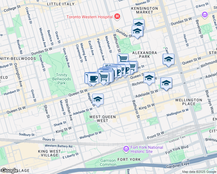 map of restaurants, bars, coffee shops, grocery stores, and more near in Toronto