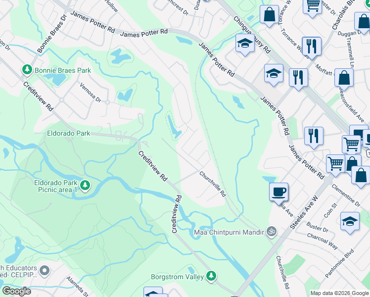 map of restaurants, bars, coffee shops, grocery stores, and more near 30 Fairmont Close in Brampton
