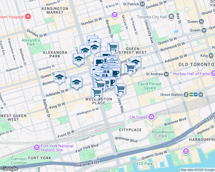 map of restaurants, bars, coffee shops, grocery stores, and more near 11 Charlotte Street in Toronto