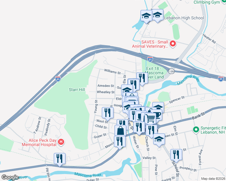 map of restaurants, bars, coffee shops, grocery stores, and more near 18 Colburn Street in Lebanon