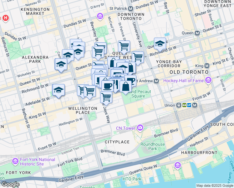 map of restaurants, bars, coffee shops, grocery stores, and more near 11 Widmer Street in Toronto