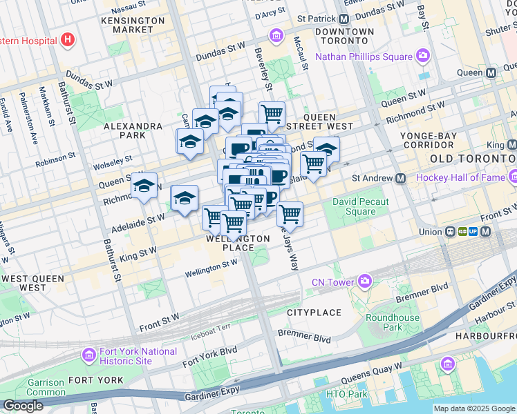 map of restaurants, bars, coffee shops, grocery stores, and more near 92 Peter Street in Toronto