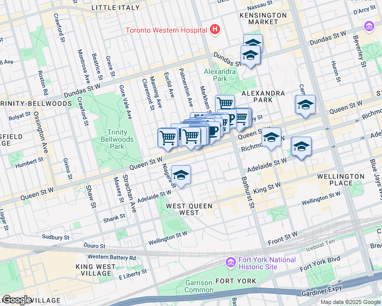 map of restaurants, bars, coffee shops, grocery stores, and more near in Toronto