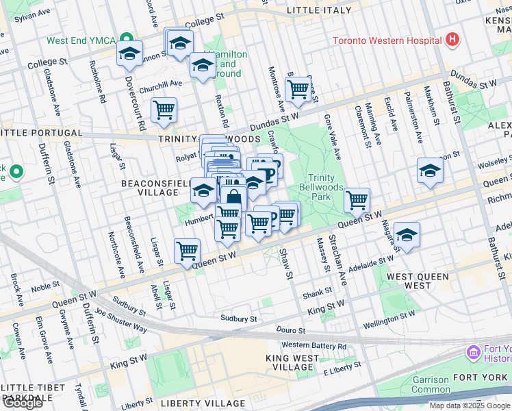 map of restaurants, bars, coffee shops, grocery stores, and more near 49 Givins Street in Toronto