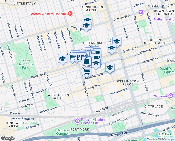 map of restaurants, bars, coffee shops, grocery stores, and more near in Toronto