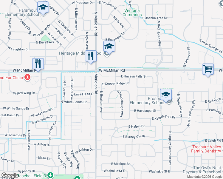 map of restaurants, bars, coffee shops, grocery stores, and more near 4573 North Conner Way in Meridian