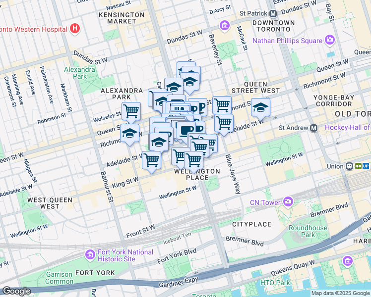 map of restaurants, bars, coffee shops, grocery stores, and more near 96 Spadina Avenue in Toronto