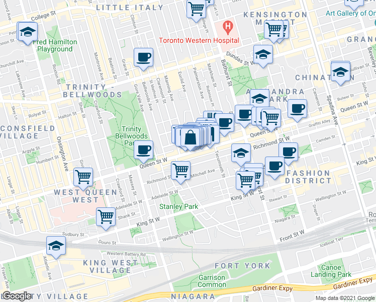 map of restaurants, bars, coffee shops, grocery stores, and more near 712 Queen Street West in Toronto