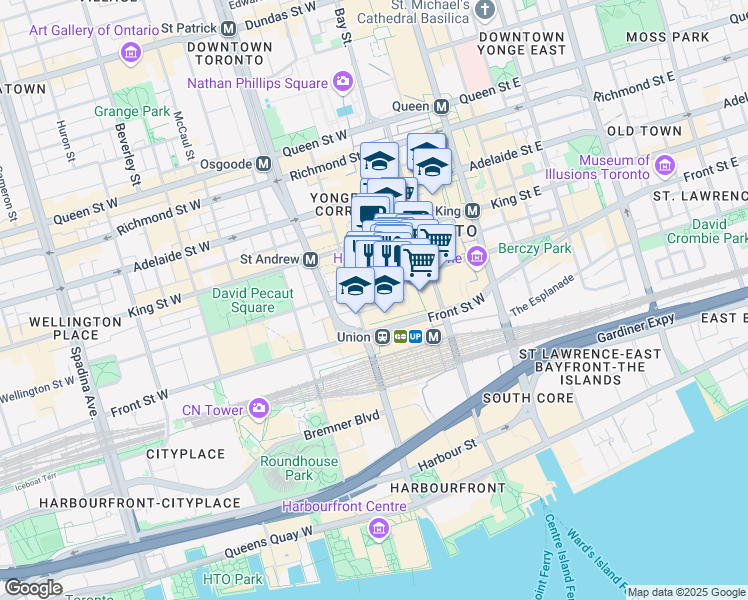 map of restaurants, bars, coffee shops, grocery stores, and more near 95 Wellington Street West in Toronto