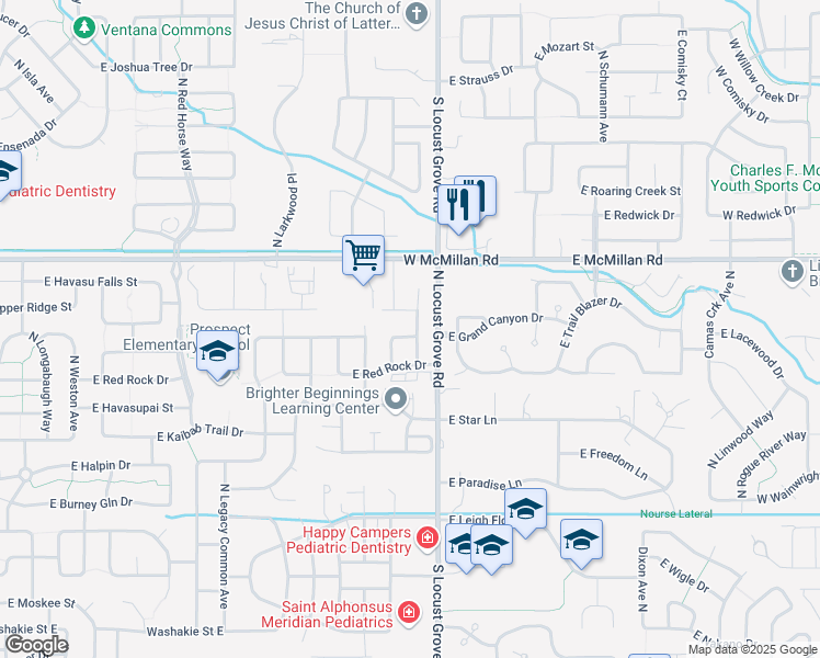map of restaurants, bars, coffee shops, grocery stores, and more near 1498 East Grand Canyon Street in Meridian