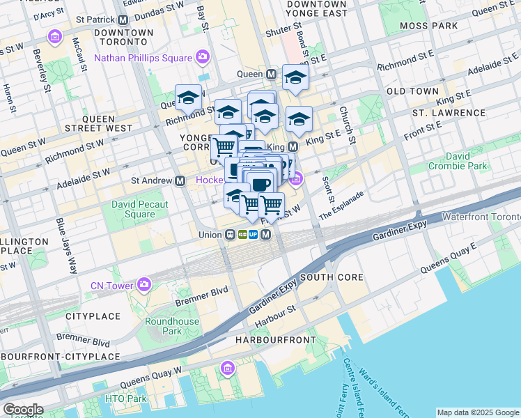 map of restaurants, bars, coffee shops, grocery stores, and more near 200 Bay Street in Toronto