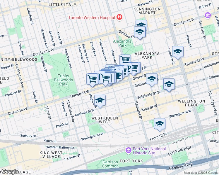 map of restaurants, bars, coffee shops, grocery stores, and more near 2 Palmerston Avenue in Toronto
