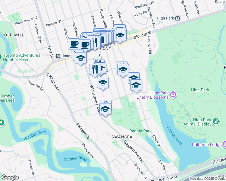map of restaurants, bars, coffee shops, grocery stores, and more near 17 Durie Street in Toronto