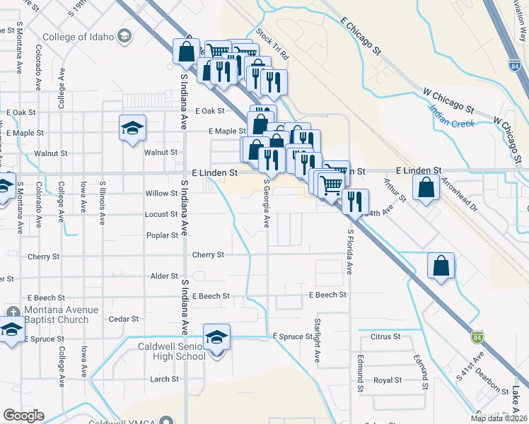 map of restaurants, bars, coffee shops, grocery stores, and more near 2602 South Georgia Avenue in Caldwell