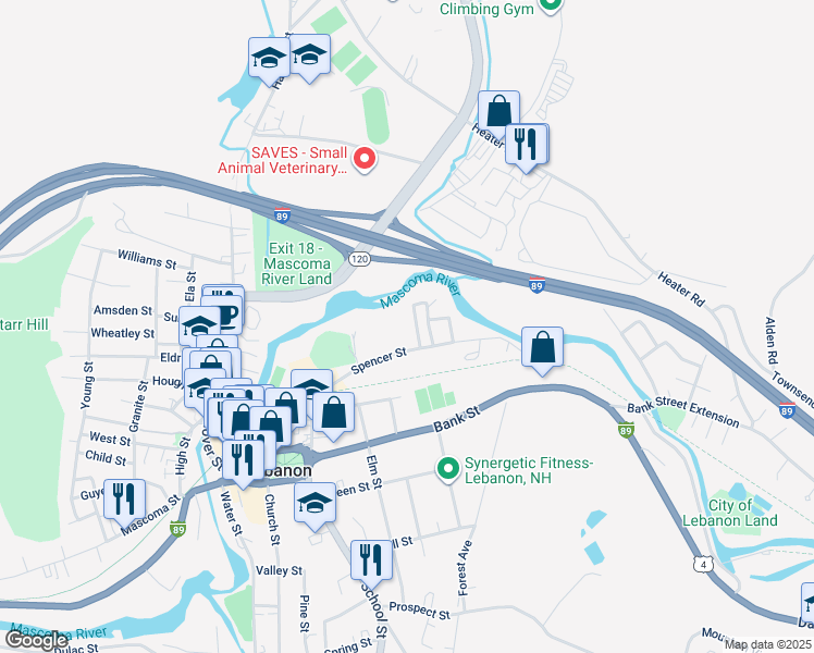 map of restaurants, bars, coffee shops, grocery stores, and more near 11 Mahan Street in Lebanon