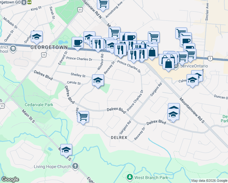 map of restaurants, bars, coffee shops, grocery stores, and more near 22 Norton Crescent in Halton Hills