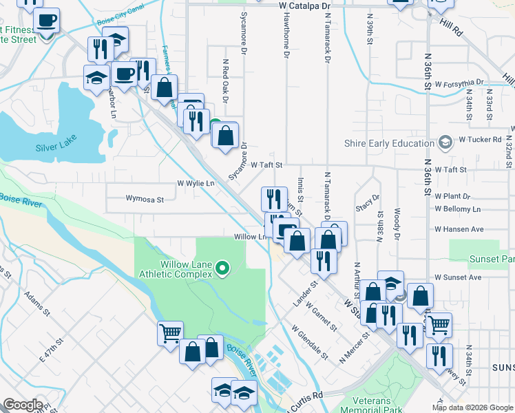 map of restaurants, bars, coffee shops, grocery stores, and more near 4400 West State Street in Boise