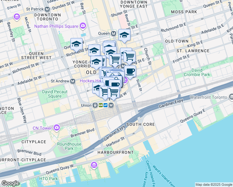 map of restaurants, bars, coffee shops, grocery stores, and more near 161 Bay Street in Toronto