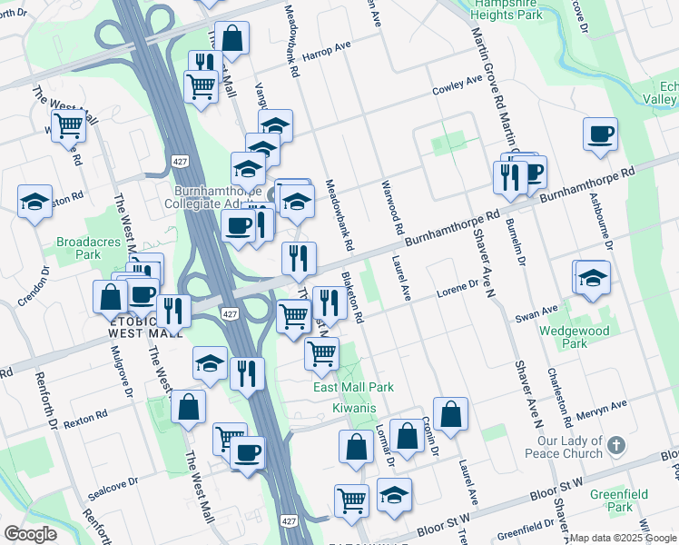 map of restaurants, bars, coffee shops, grocery stores, and more near in Toronto