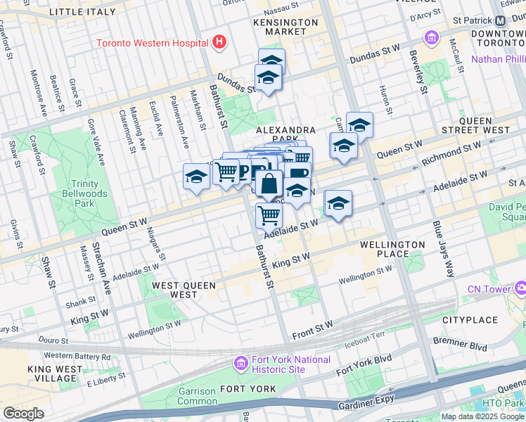 map of restaurants, bars, coffee shops, grocery stores, and more near 500-579 Richmond Street West in Toronto