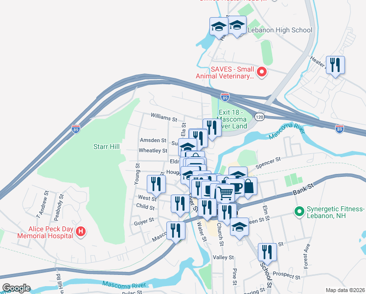 map of restaurants, bars, coffee shops, grocery stores, and more near 18 Summer Street in Lebanon