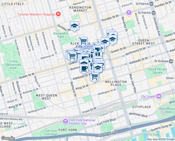 map of restaurants, bars, coffee shops, grocery stores, and more near 20 Maud Street in Toronto