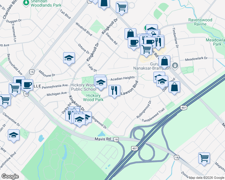map of restaurants, bars, coffee shops, grocery stores, and more near 28 Stalbridge Avenue in Brampton