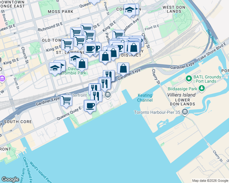 map of restaurants, bars, coffee shops, grocery stores, and more near 273 Queens Quay East in Toronto