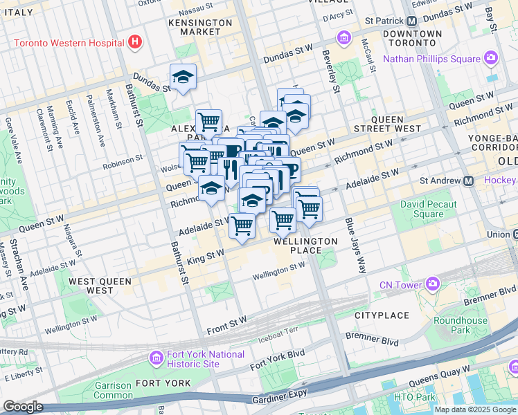 map of restaurants, bars, coffee shops, grocery stores, and more near 39 Brant Street in Toronto