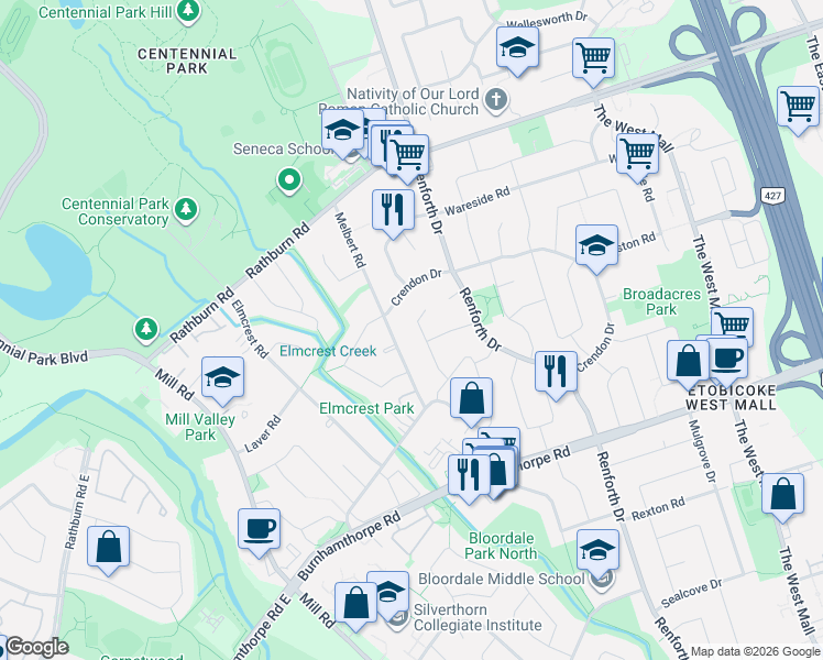 map of restaurants, bars, coffee shops, grocery stores, and more near 3 Burin Court in Toronto