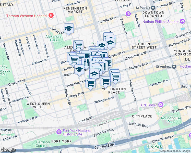 map of restaurants, bars, coffee shops, grocery stores, and more near 42 Camden Street in Toronto