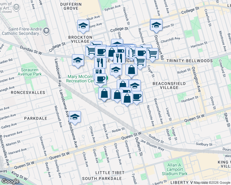 map of restaurants, bars, coffee shops, grocery stores, and more near in Toronto