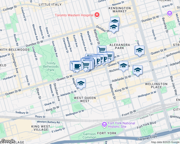 map of restaurants, bars, coffee shops, grocery stores, and more near 735 Queen Street West in Toronto