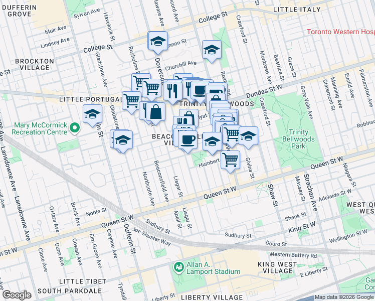 map of restaurants, bars, coffee shops, grocery stores, and more near 183 Dovercourt Road in Toronto
