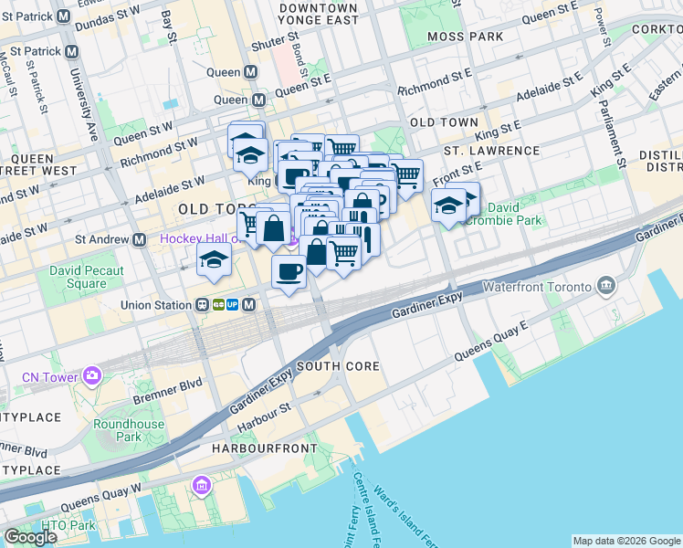map of restaurants, bars, coffee shops, grocery stores, and more near 2 Scott Street in Toronto