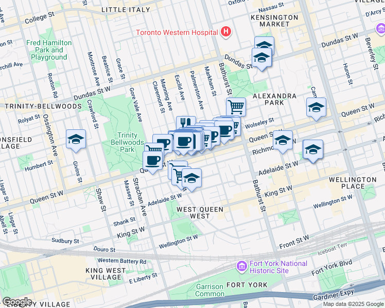 map of restaurants, bars, coffee shops, grocery stores, and more near 698 Queen Street West in Toronto