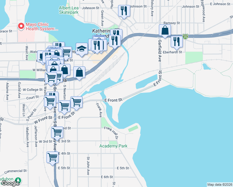 map of restaurants, bars, coffee shops, grocery stores, and more near 804 East 18 1/2 Street in Albert Lea