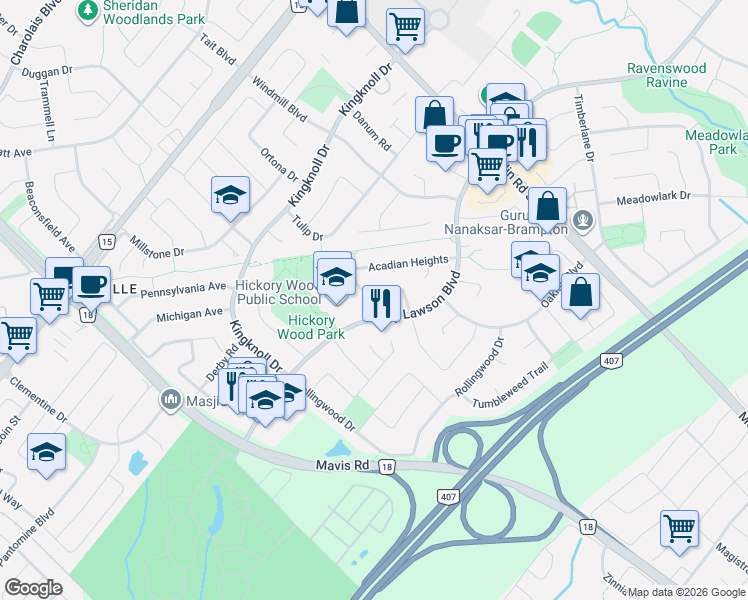 map of restaurants, bars, coffee shops, grocery stores, and more near 28 Stalbridge Avenue in Brampton
