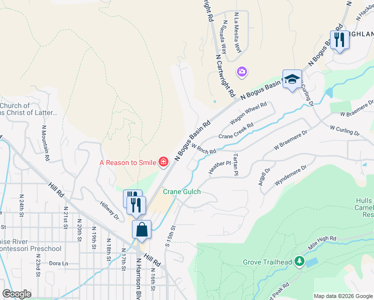 map of restaurants, bars, coffee shops, grocery stores, and more near 1410 Ranch Road in Boise