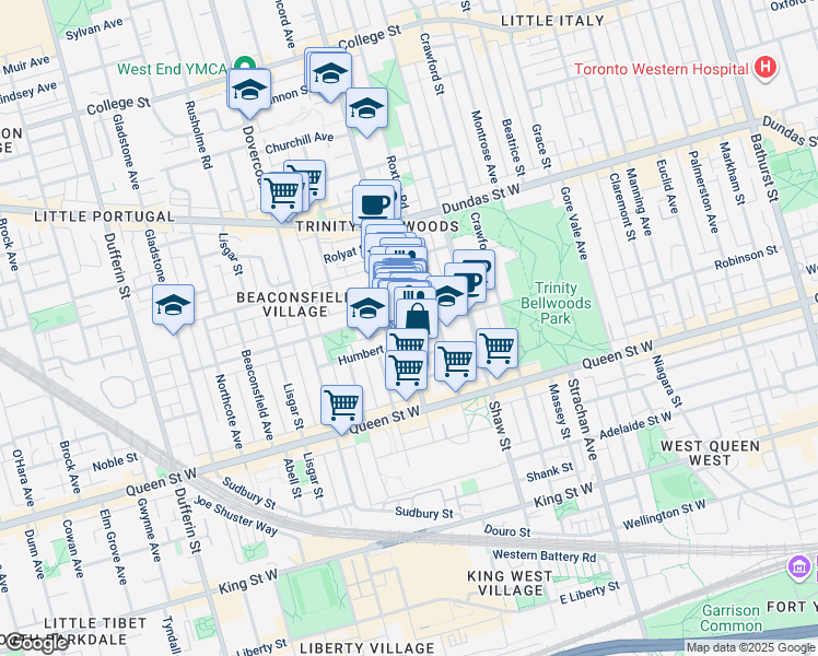 map of restaurants, bars, coffee shops, grocery stores, and more near 109 Ossington Avenue in Toronto