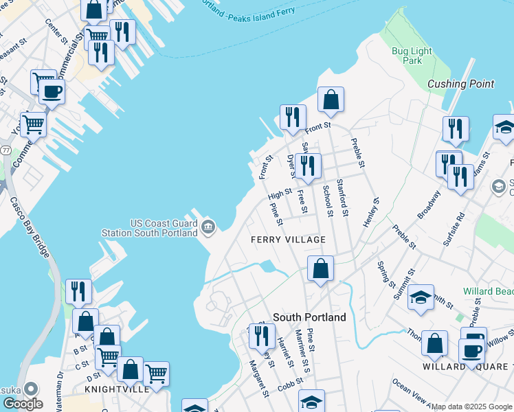 map of restaurants, bars, coffee shops, grocery stores, and more near 24 Pine Street in South Portland