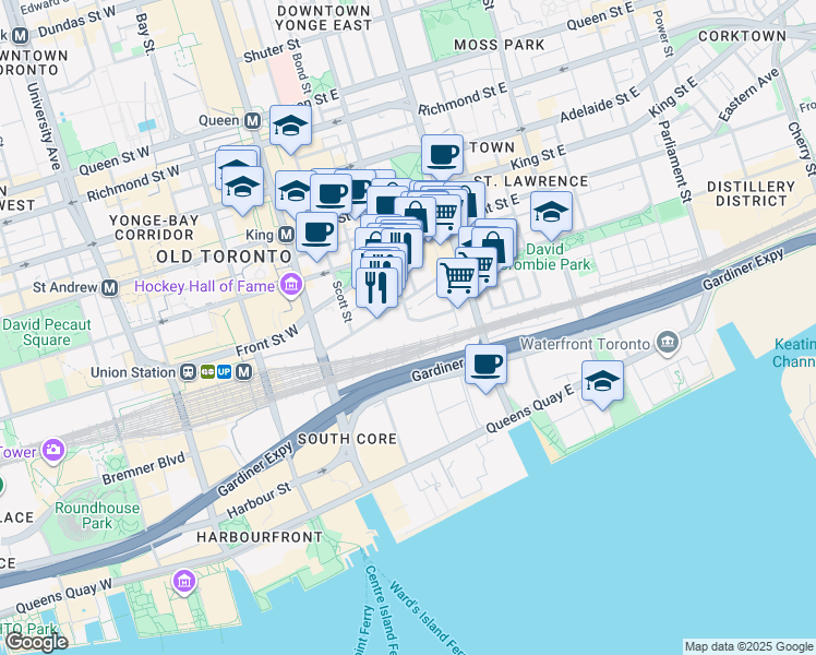 map of restaurants, bars, coffee shops, grocery stores, and more near 55 Church Street in Toronto