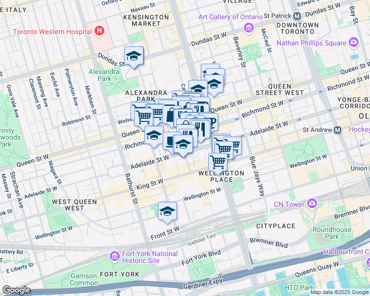 map of restaurants, bars, coffee shops, grocery stores, and more near 39 Brant Street in Toronto