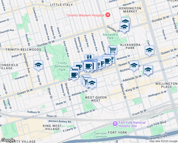 map of restaurants, bars, coffee shops, grocery stores, and more near in Toronto