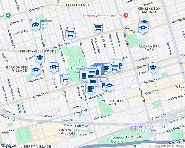 map of restaurants, bars, coffee shops, grocery stores, and more near in Toronto