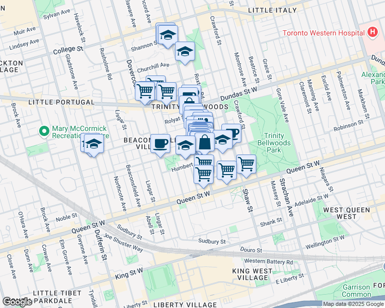 map of restaurants, bars, coffee shops, grocery stores, and more near in Toronto