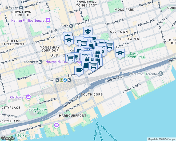 map of restaurants, bars, coffee shops, grocery stores, and more near 8 The Esplanade in Toronto